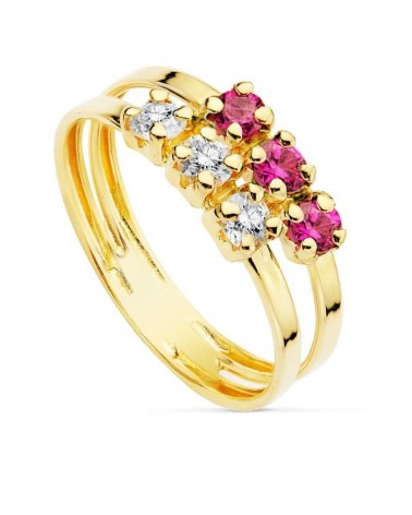 Sortija oro 18k amarillo circonitas rojas y blancas