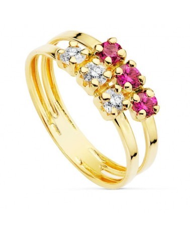Sortija oro 18k amarillo circonitas rojas y blancas