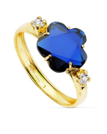 Sortija oro 18k piedra azul forma flor 10x10 mm