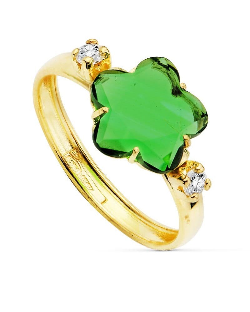 Sortija oro 18k circonita verde forma flor 10x10mm