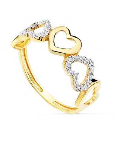 Anillo oro 18k bicolor cinco corazones circonitas 7mm