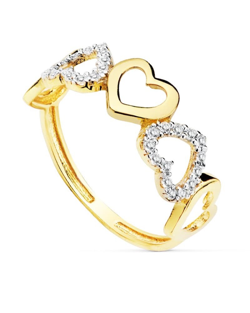 Anillo oro 18k bicolor cinco corazones circonitas 7mm