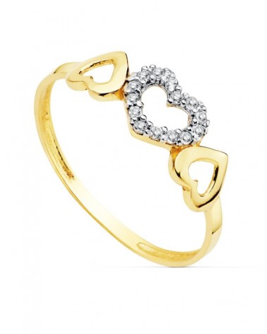 Sortija oro 18k bicolor tres corazones circonitas