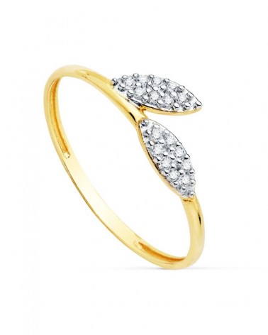 Sortija oro 18k bicolor hojas circonitas