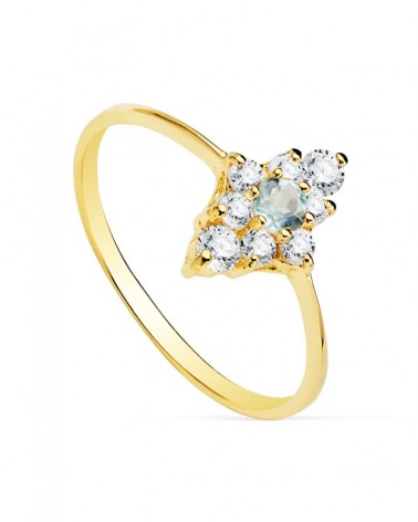 Sortija oro 18k aguamarina y circonitas flor 10x7mm