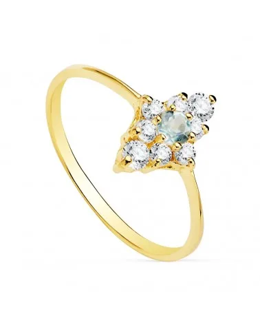 Sortija oro 18k aguamarina y circonitas flor 10x7mm