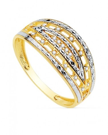 Sortija oro 18k bicolor tallada circonitas 9mm
