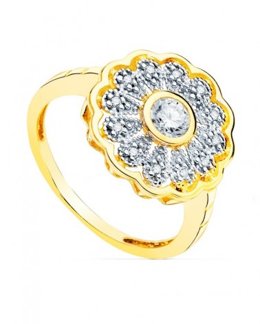 Sortija oro bicolor 18k rosetón circonitas 14mm