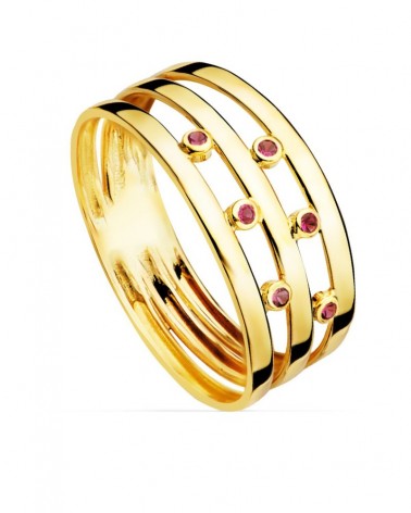 Sortija oro 18k amarillo bandas piedras rojas 8mm