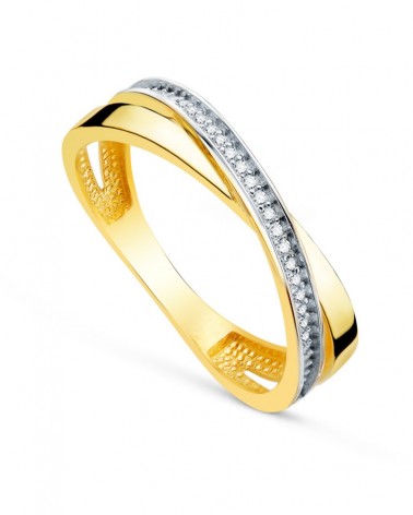 Sortija oro 18k bicolor banda cruzada circonitas 4mm