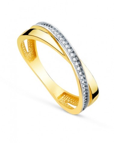 Sortija oro 18k bicolor banda cruzada circonitas 4mm