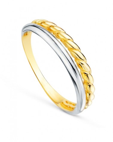Sortija oro 18k bicolor doble banda lisa y trenzada