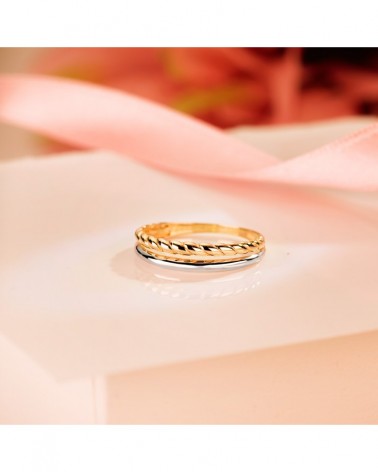 Sortija oro 18k bicolor doble banda lisa y trenzada