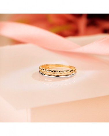 Sortija oro 18k bicolor doble banda lisa y trenzada