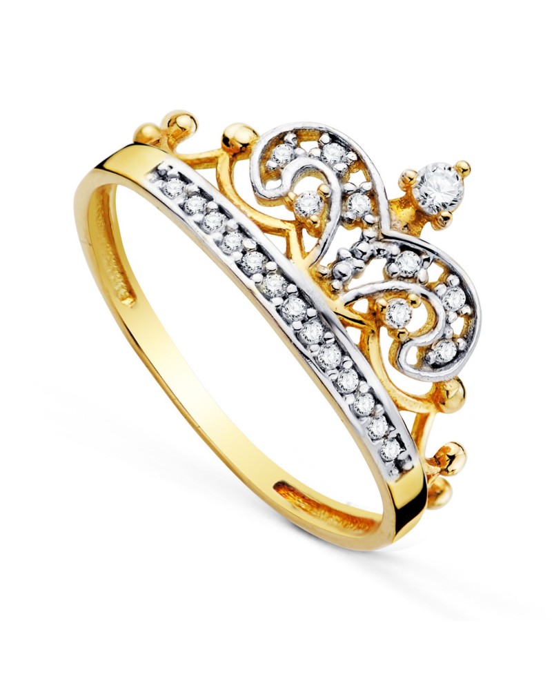 Sortija oro 18k bicolor corona circonitas 10mm