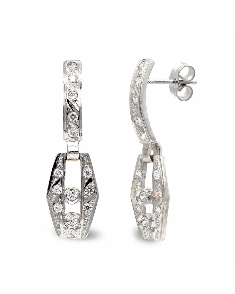 Pendientes oro blanco 18k largos circonita 24x7 mm