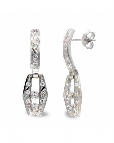 Pendientes oro blanco 18k largos circonita 24x7 mm