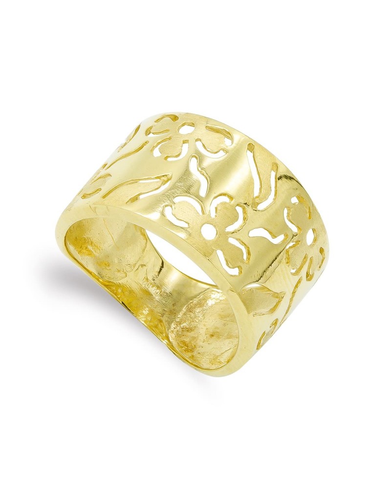Sortija oro 18k amarillo flores caladas ancho 13mm