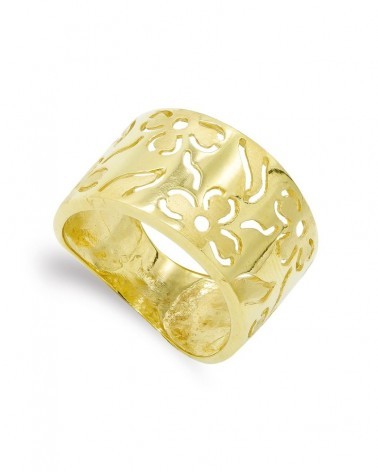 Sortija oro 18k amarillo flores caladas ancho 13mm