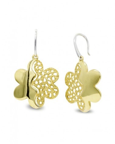 Pendientes oro 18k bicolor flor calada cierre gancho