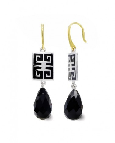 Pendientes oro 18k bicolor ónice gota cierre gancho