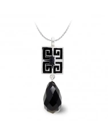 Colgante oro blanco 18k ónix negro gota con greca
