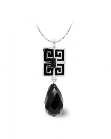Colgante oro blanco 18k ónix negro gota con greca