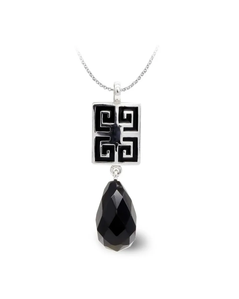 Colgante oro blanco 18k ónix negro gota con greca