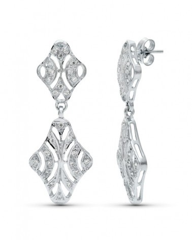 Pendientes oro 18k blanco circonita doble cuerpo 40x15mm