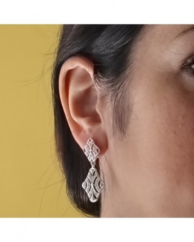 Pendientes oro 18k blanco circonita doble cuerpo 40x15mm
