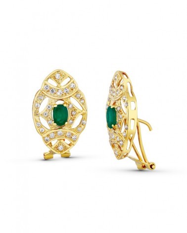 Pendientes oro 18k omega piedra verde circonitas 24x14mm