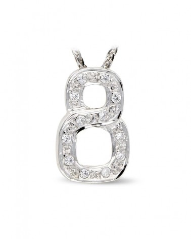 Colgante oro blanco 18k número 8 circonitas