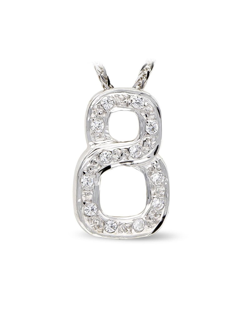 Colgante oro blanco 18k número 8 circonitas