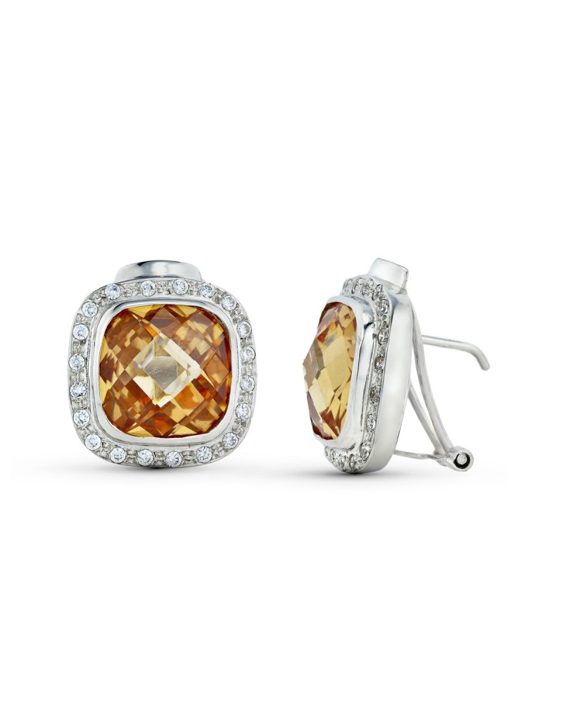 Pendientes oro blanco 18k topacio circonita cierre omega
