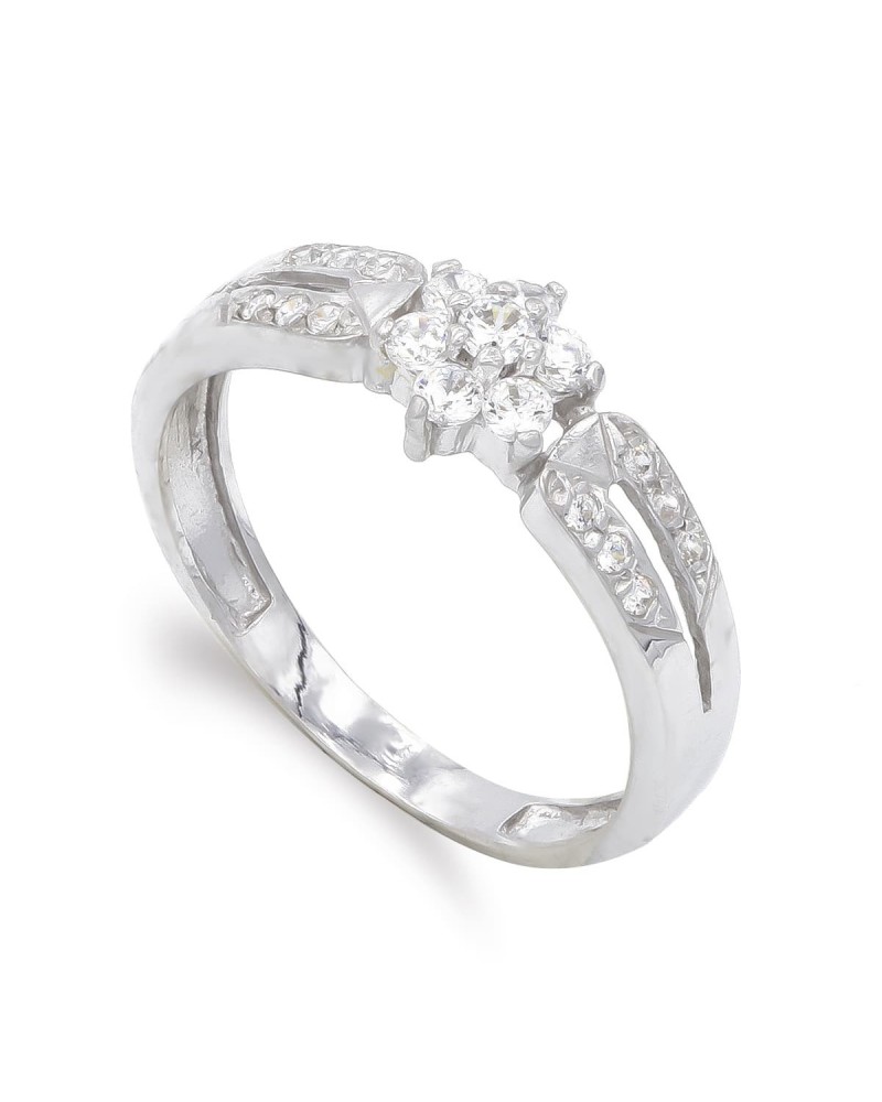 Sortija oro blanco 18k circonitas flor 6,5mm
