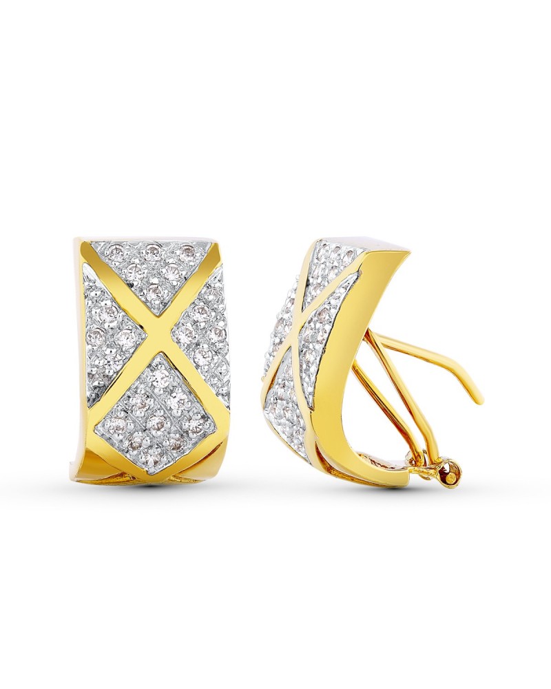 Pendientes oro 18k bicolor circonita cierre omega