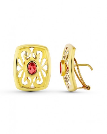 Pendientes oro 18k calados cierre omega piedra roja