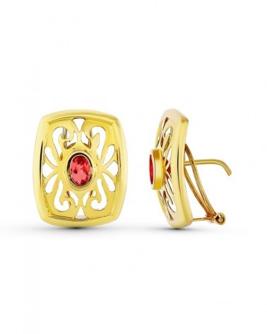 Pendientes oro 18k calados cierre omega piedra roja