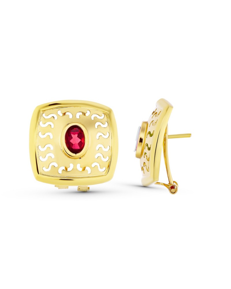 Pendientes oro 18k cuadrados calados piedra roja cierre omega