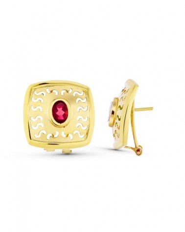 Pendientes oro 18k cuadrados calados piedra roja cierre omega