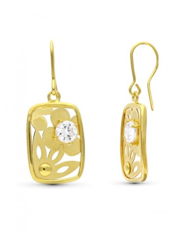 Pendientes oro 18k flor calada circonita cierre gancho
