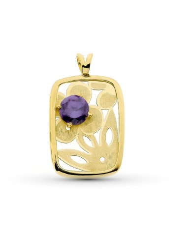 Colgante oro 18k flor láser circonita violeta 23x14mm