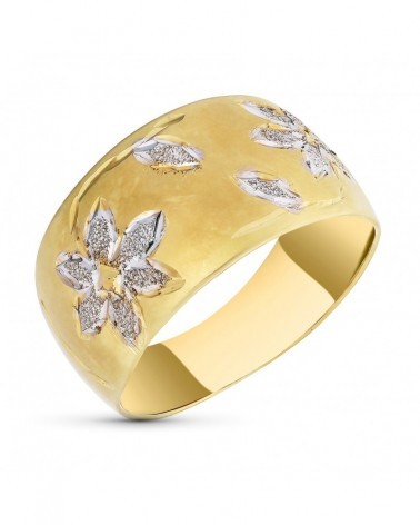 Sortija oro 18k bicolor flores talladas 11mm