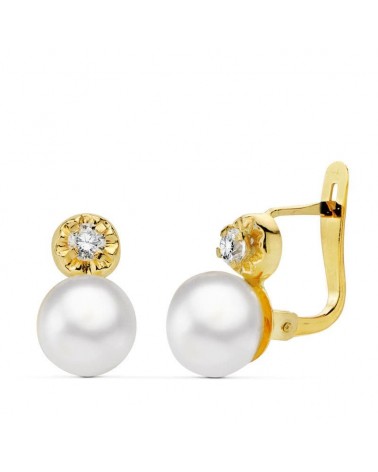 Pendientes oro 18k niña perla circonita cierre catalán