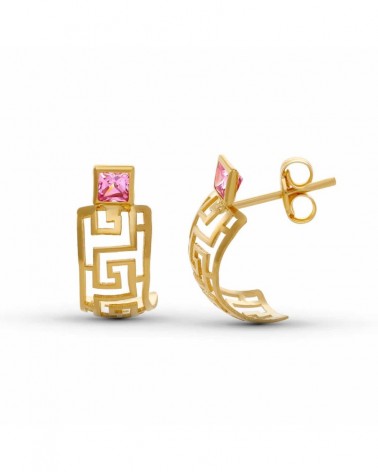 Pendientes oro 18k amarillo greca circonita cuadrada 15x6 mm