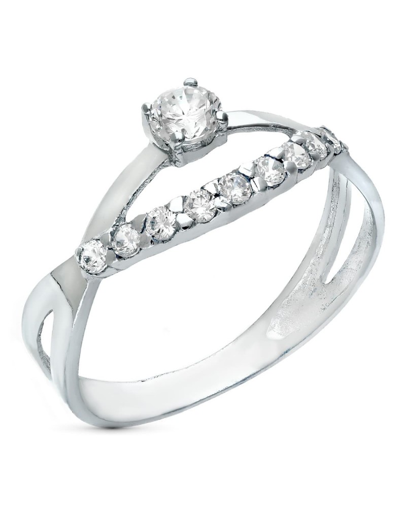 Sortija oro blanco 18k diseño cruzado circonitas 8mm