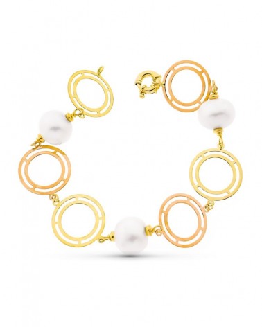 Pulsera oro 18k bicolor círculos calados perla 21cm