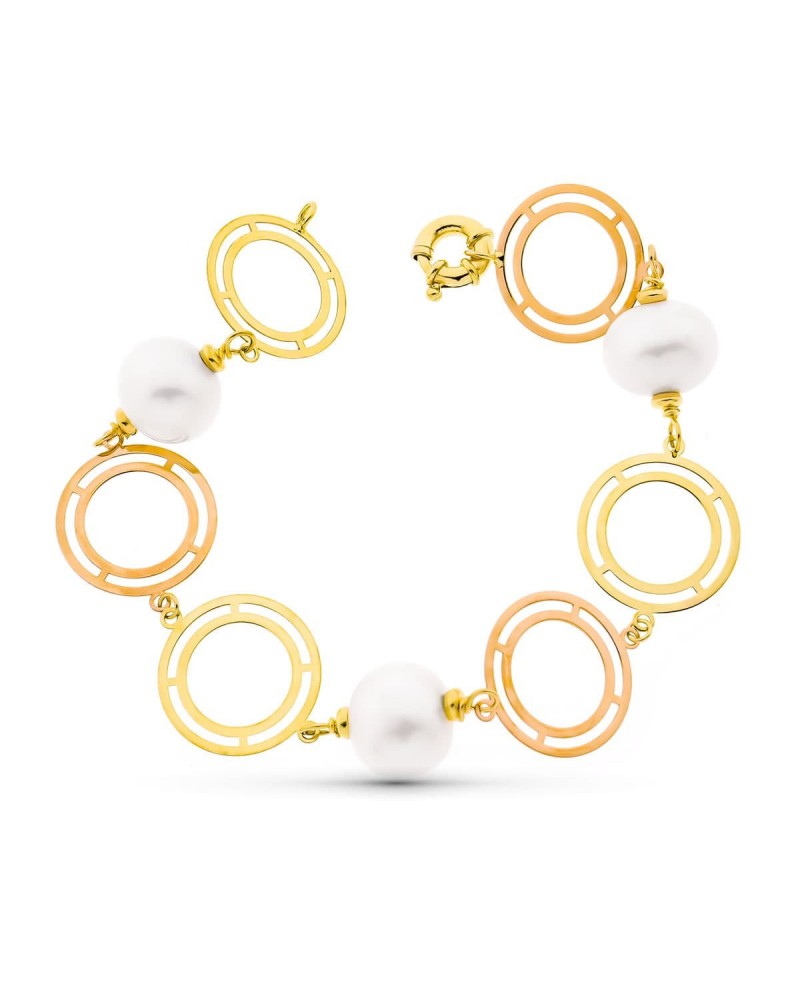 Pulsera oro 18k bicolor círculos calados perla 21cm