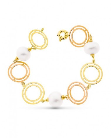 Pulsera oro 18k bicolor círculos calados perla 21cm