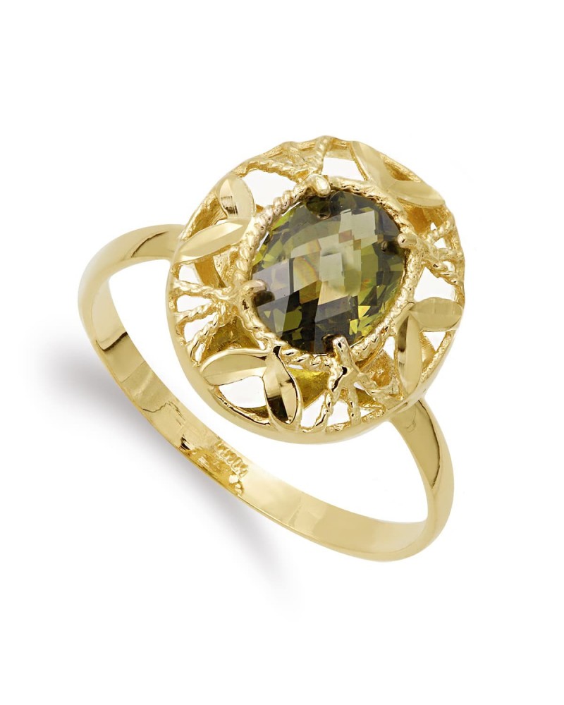 Sortija oro 18k amarillo circonita oval hojas talladas